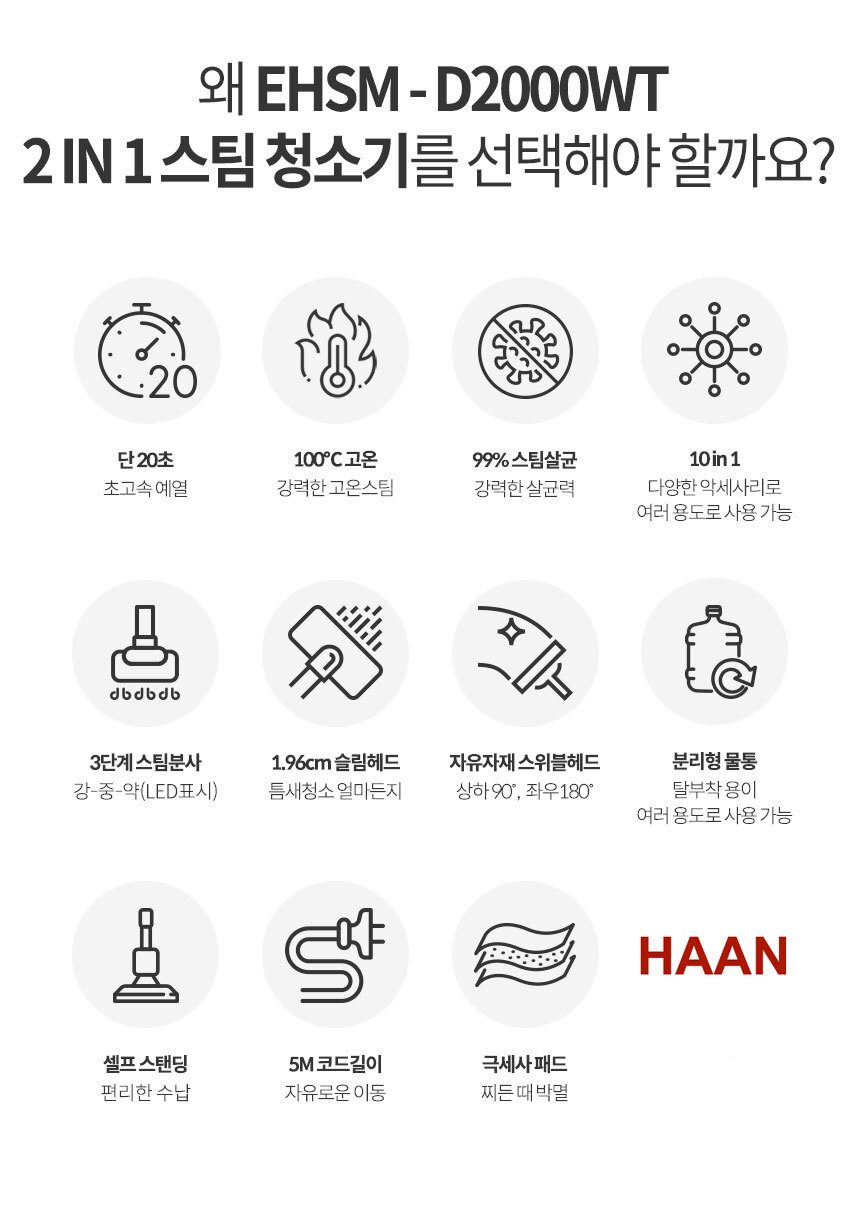 한경희 공식 2in1 살균 스팀청소기 EHSM-D2000WT