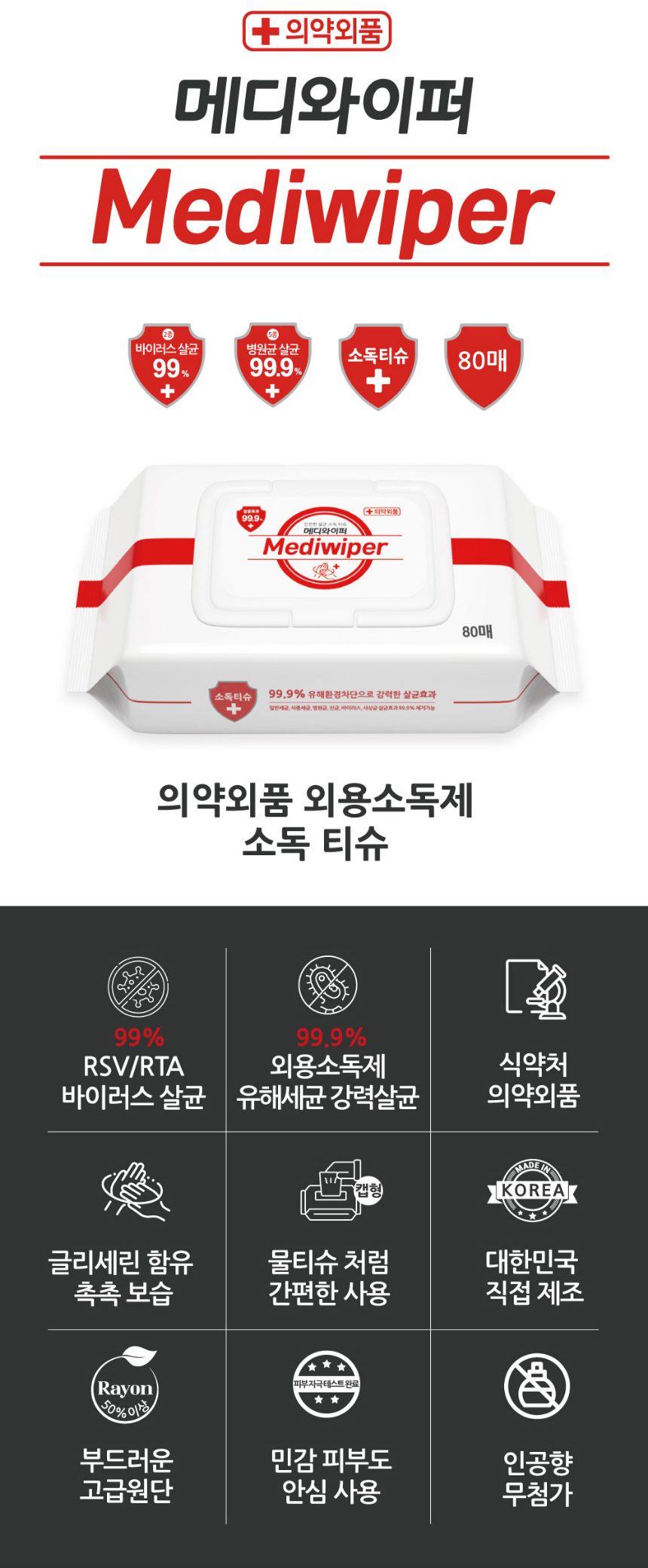 메디 무알콜 (손)소독티슈 24팩(1박스/80매/1팩) 살균