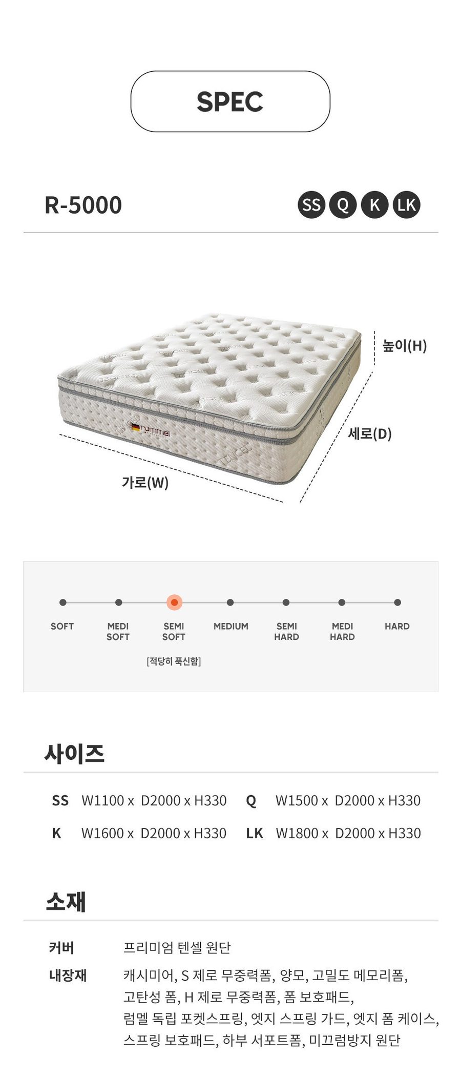 럼멜 R5000 포켓 독립 스프링 침대 매트리스 텐셀 메모리폼 호텔 두께 330mm 방문설치